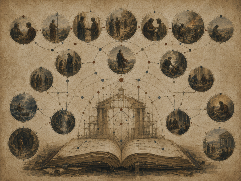 Editorial illustration of an open manuscript unfolding into connected circular scenes, arrows, nodes, and architectural structures representing plot and narrative action.