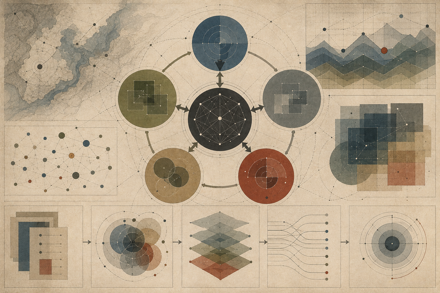 Institutional strategy illustration showing a central competitive forces diagram surrounded by industry maps, analysis panels, positioning structures, and strategic option pathways.
