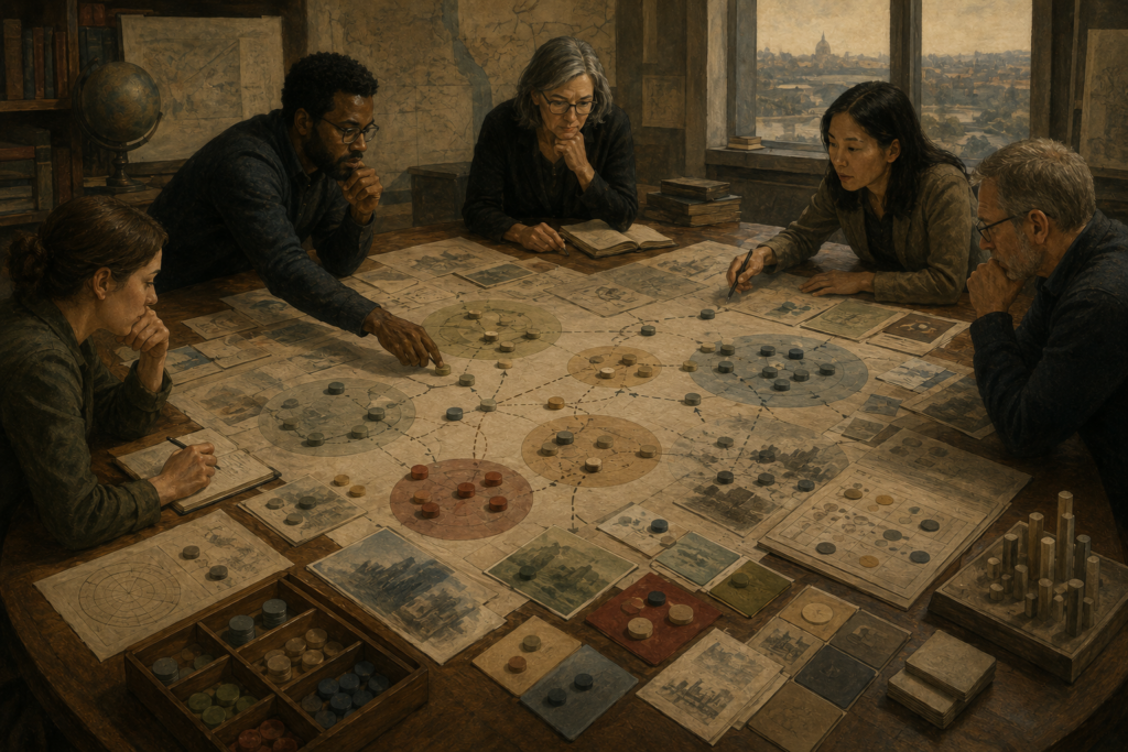 Researchers study clustered strategic ideas, neutral tokens, parchment maps, scenario fragments, and branching pathways on a large wooden table.