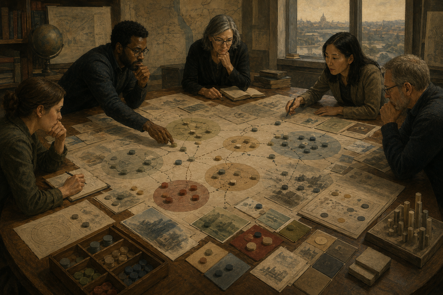 Researchers study clustered strategic ideas, neutral tokens, parchment maps, scenario fragments, and branching pathways on a large wooden table.