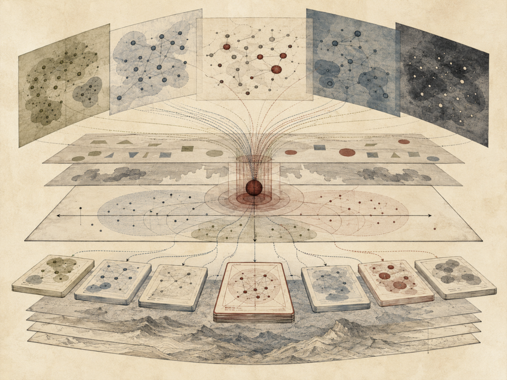 Abstract institutional illustration of complex idea clusters, layered positioning maps, converging pathways, modular cards, and central alignment structures.