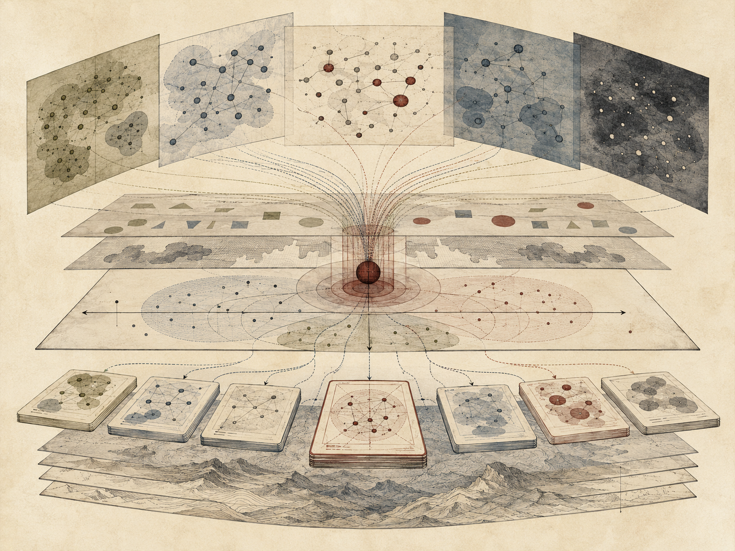 Abstract institutional illustration of complex idea clusters, layered positioning maps, converging pathways, modular cards, and central alignment structures.