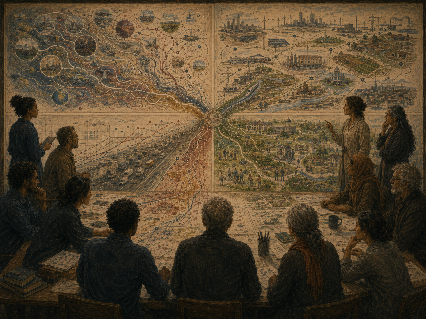 A diverse futures research group compares possible, plausible, probable, and preferable futures across branching social, ecological, and institutional pathways.