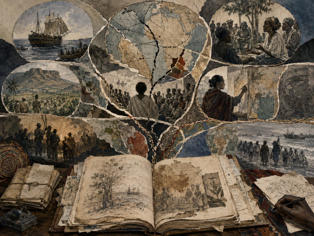 Editorial illustration of an open manuscript branching into fragmented maps, ships, colonial scenes, oral testimony, cultural memory, and acts of narrative reclamation.