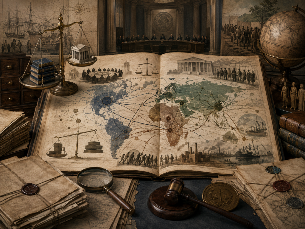 Scholarly illustration of an international law archive with a world atlas, unequal legal pathways, weighted scales, court chambers, colonial-era trade imagery, industrial scenes, legal volumes, sealed files, and global power structures, with no labels or readable text.