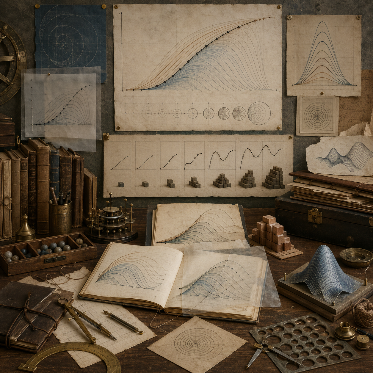 Vintage mathematical study with layered curve approximations, expanding sequence diagrams, spiral forms, surface models, stacked blocks, notebooks, and drafting tools representing power series and functional representation.