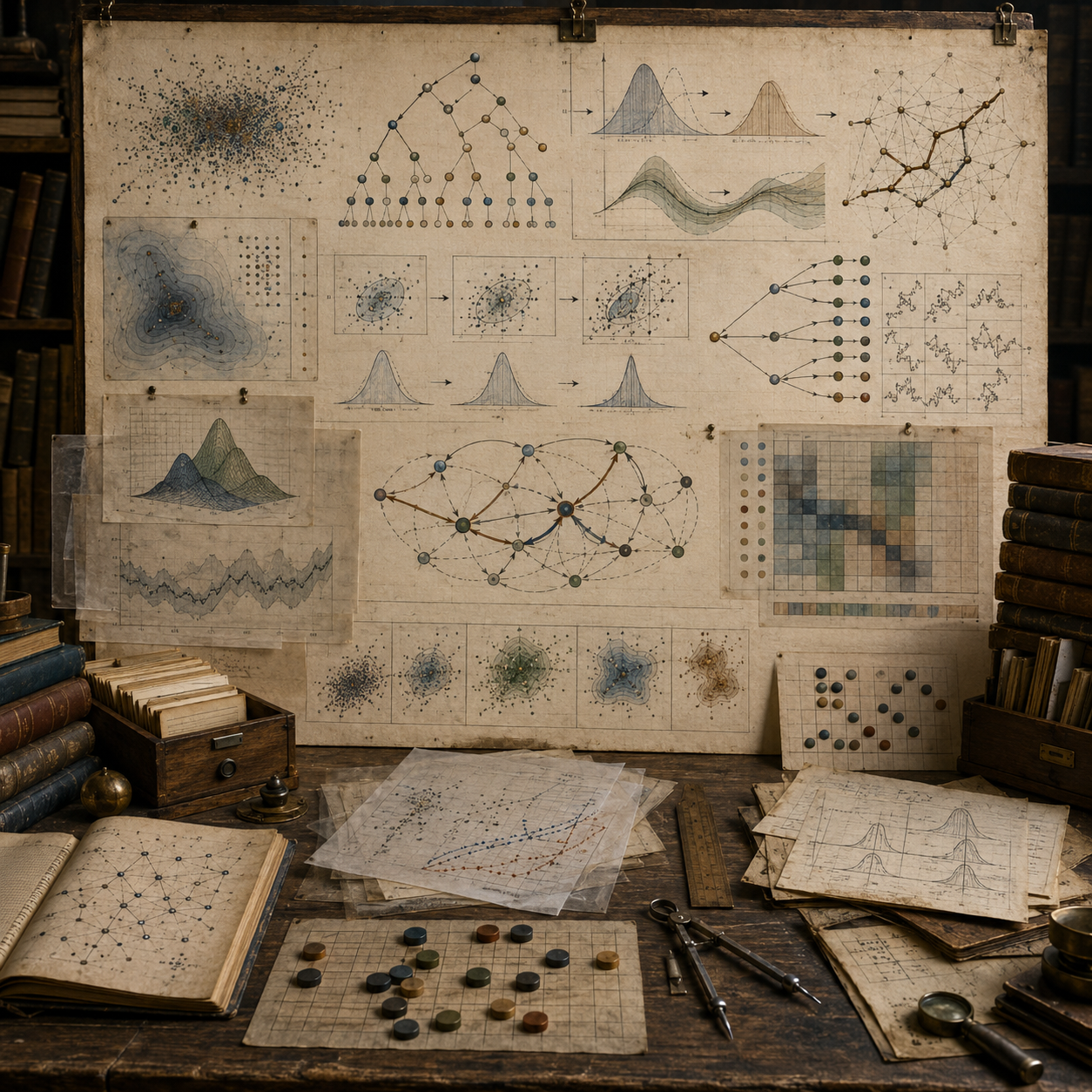 A restrained scholarly illustration of a vintage research workspace with probability distributions, branching decision trees, uncertain pathways, sampled point clouds, network diagrams, notebooks, and analytical tools representing probabilistic algorithms and reasoning under uncertainty.