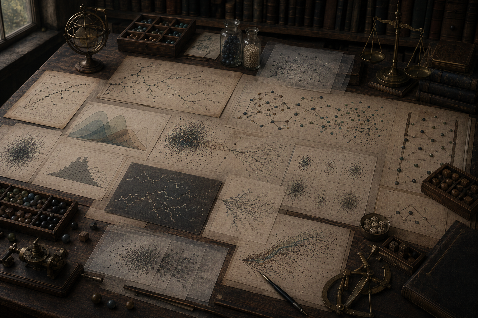 Editorial illustration of a scholarly modeling desk with probability trees, random-walk paths, dot clouds, distributions, tokens, beads, and stochastic network diagrams.