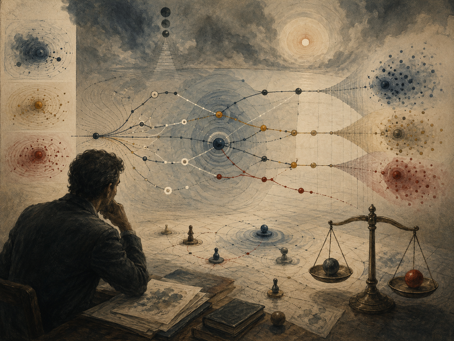 Painterly editorial illustration of probability calibration and decision confidence with a reflective analyst, calibrated pathways, weighted nodes, confidence gradients, tradeoff scales, and probability clusters.