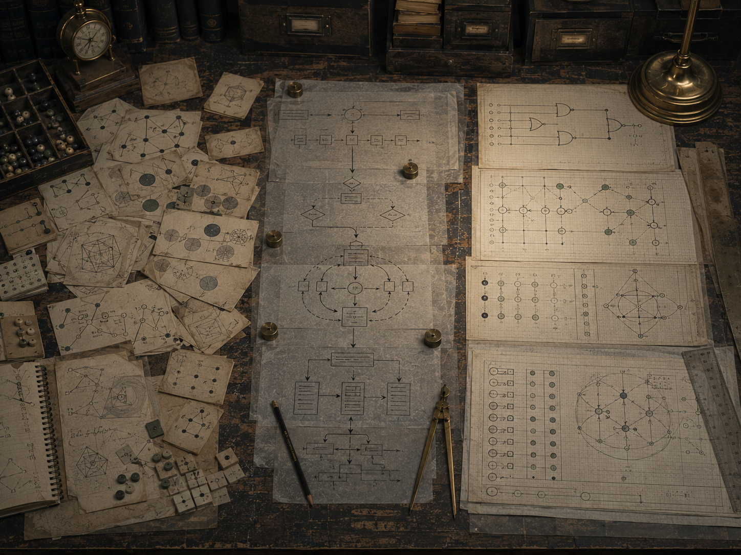 A restrained scholarly illustration of an archival worktable covered with layered diagrams, procedural flowcharts, graph papers, symbolic sketches, and drafting tools representing problems, procedures, and formalization.