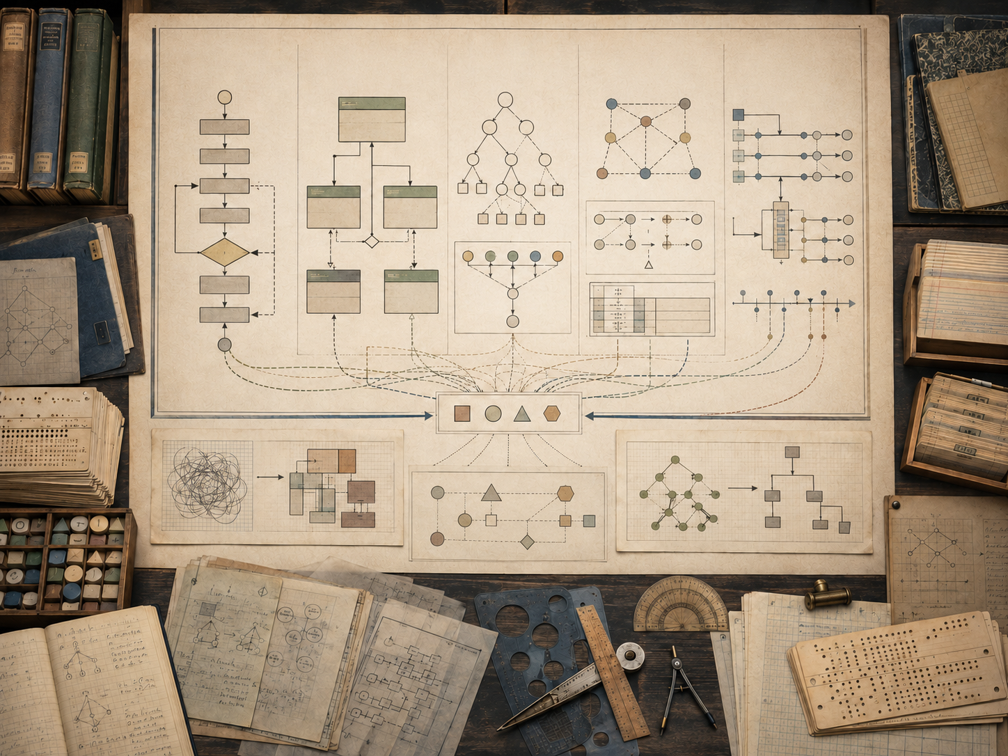A restrained scholarly illustration of a vintage engineering workspace with structured diagrams, flowcharts, tree forms, network layouts, symbolic tiles, punched cards, notebooks, and drafting tools representing programming paradigms and computational style.
