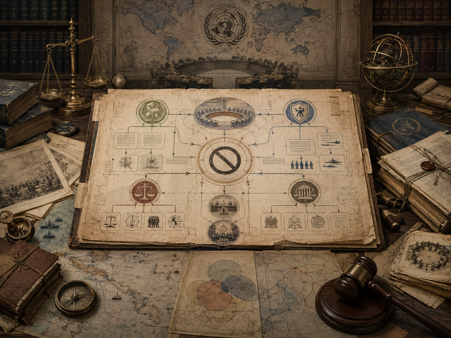 Scholarly illustration of an international legal archive with a central prohibition symbol, UN Charter-style legal diagrams, maps, council chamber imagery, scales, treaty volumes, and a gavel representing the prohibition on the use of force.