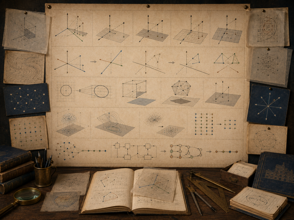 Vintage mathematical workspace with projection diagrams, reflected vectors, shaded planes, geometric shadows, point clouds, networks, notebooks, and drafting tools.