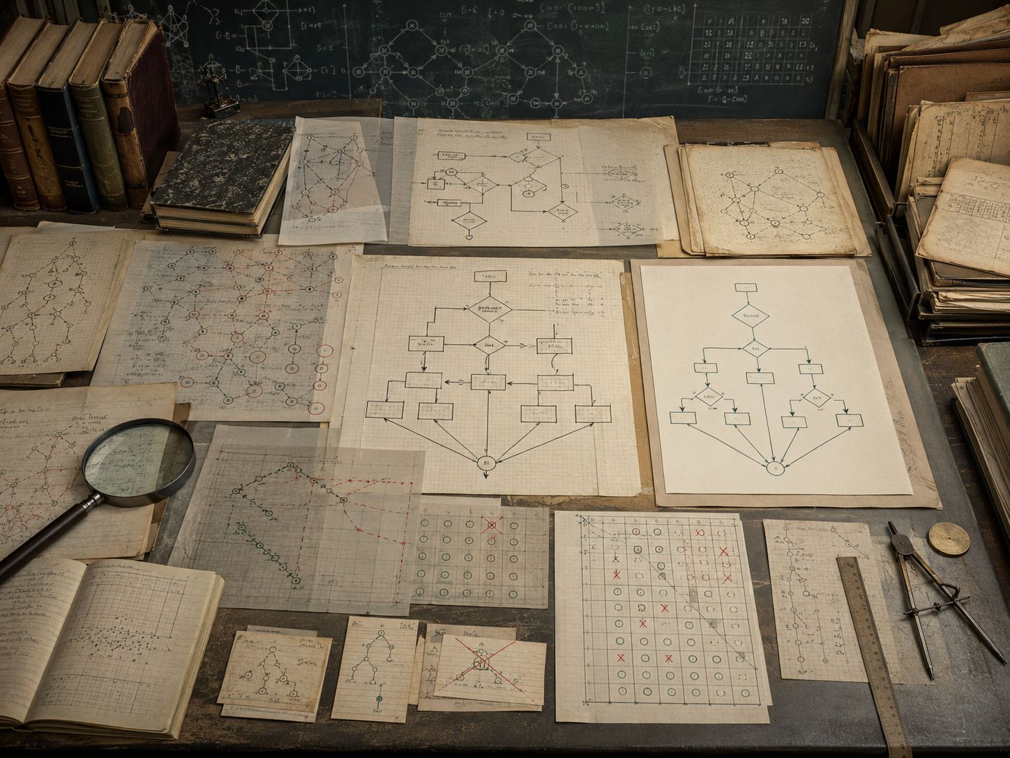 A restrained scholarly illustration of a mathematician’s research desk covered with proof diagrams, algorithmic flowcharts, verification tables, marked pathways, graph structures, notebooks, rulers, and archival papers representing correctness and algorithmic verification.