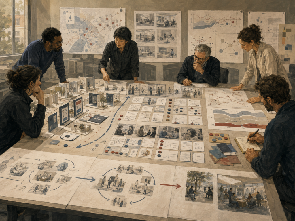 Designers and researchers examine prototype models, user testing scenes, evidence cards, feedback loops, and learning pathways on a large collaborative table.