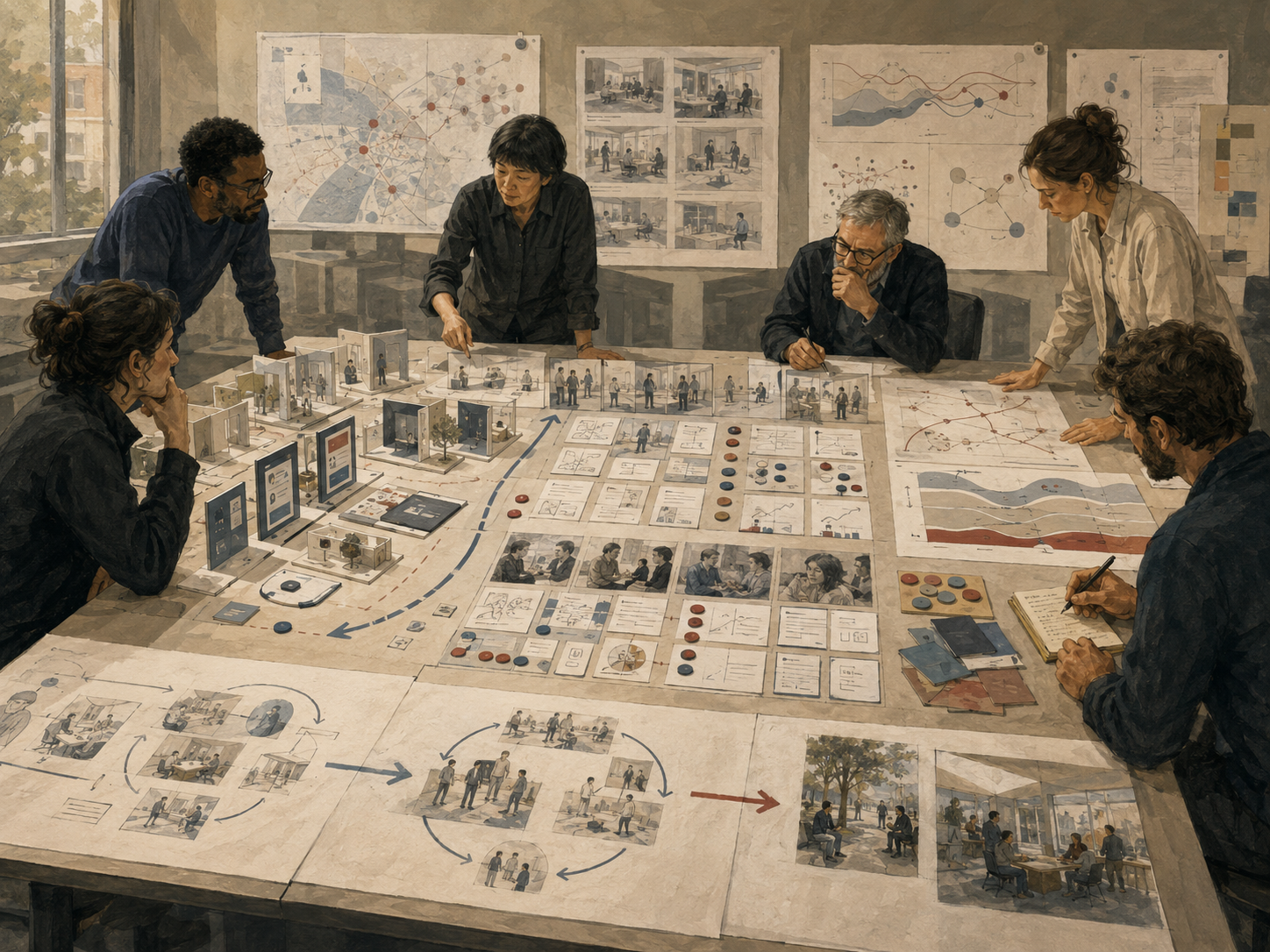Designers and researchers examine prototype models, user testing scenes, evidence cards, feedback loops, and learning pathways on a large collaborative table.