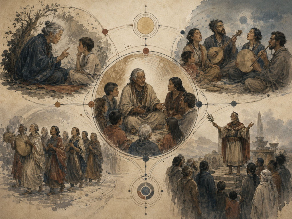 Editorial illustration of an elder speaking to an intergenerational circle, surrounded by scenes of proverb teaching, communal song, chant, and ritual speech.