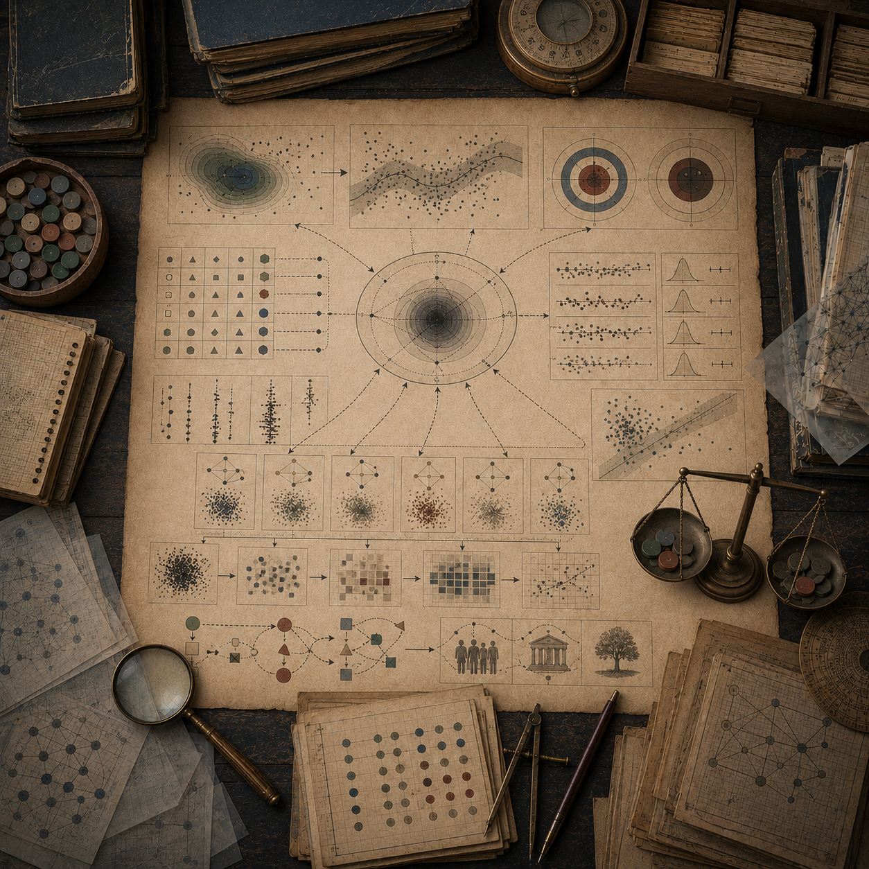 A restrained scholarly illustration of a vintage analytical desk with proxy indicators, measurement targets, error patterns, scatter plots, balance scale, institutional outcome symbols, notebooks, rulers, and archival tools representing proxy variables and measurement error without readable text.