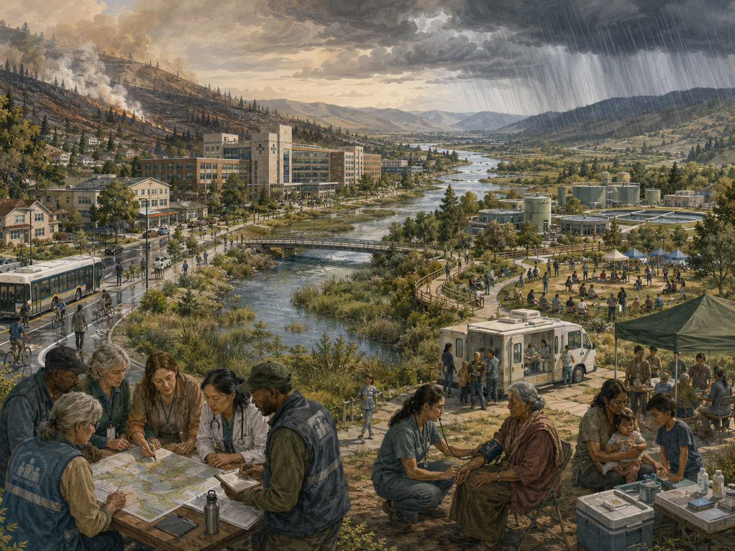 Panoramic illustration of a resilient public health system with hospitals, mobile clinics, community care, emergency coordination, water infrastructure, transit, storm risk, wildfire, and health workers serving residents.