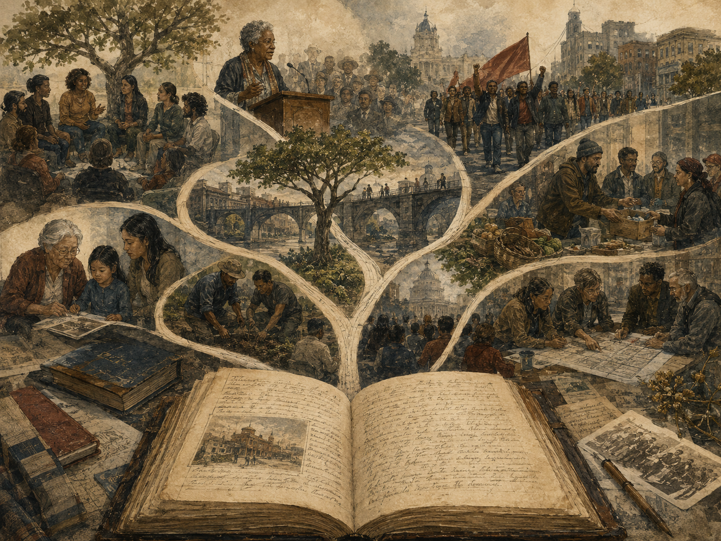 Editorial illustration of an open manuscript branching into scenes of community organizing, public speech, protest, mutual aid, intergenerational teaching, and civic planning.