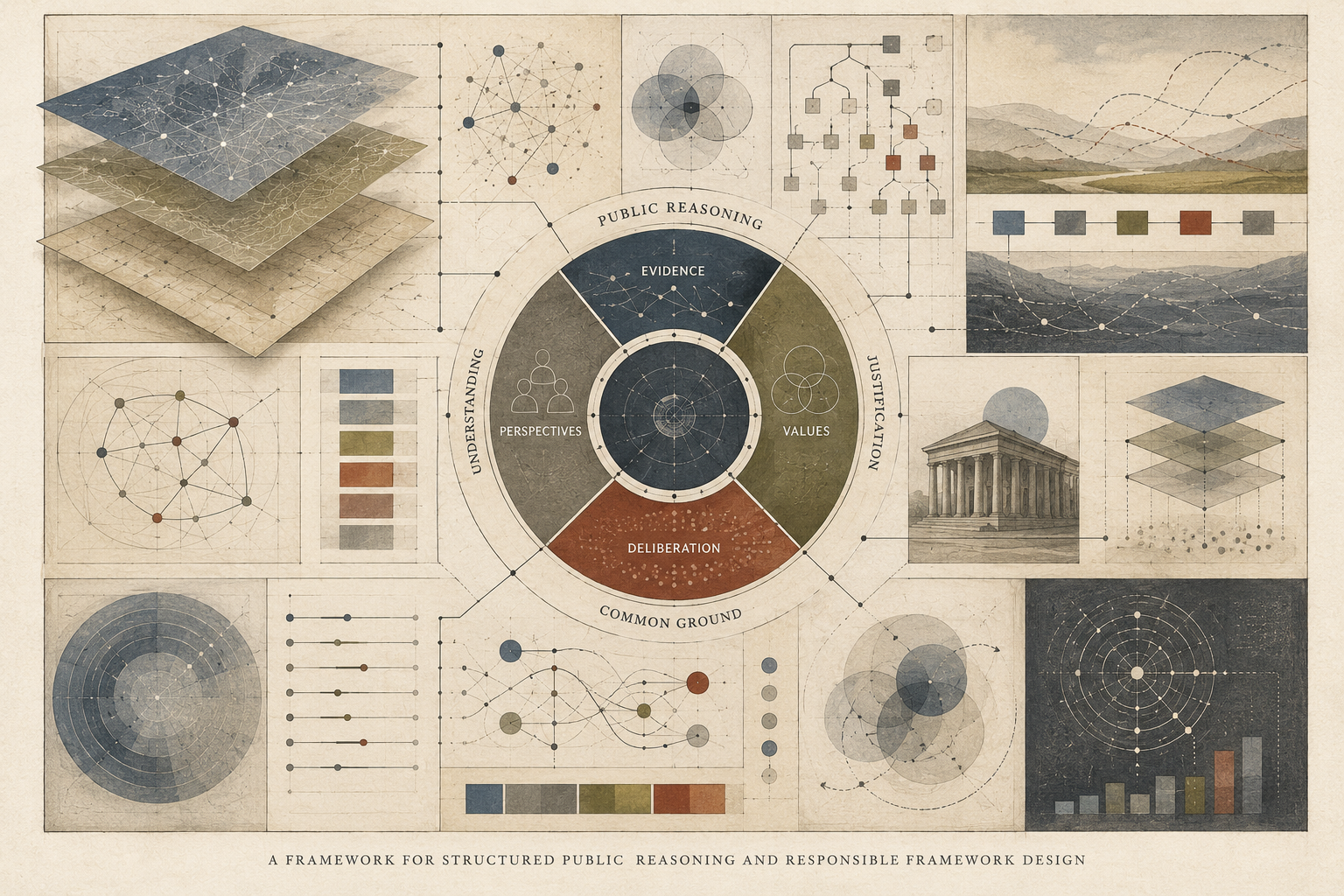 Institutional infographic-style illustration of public reasoning frameworks, with a central circular model surrounded by evidence panels, network diagrams, layered maps, institutional architecture, and deliberation structures.