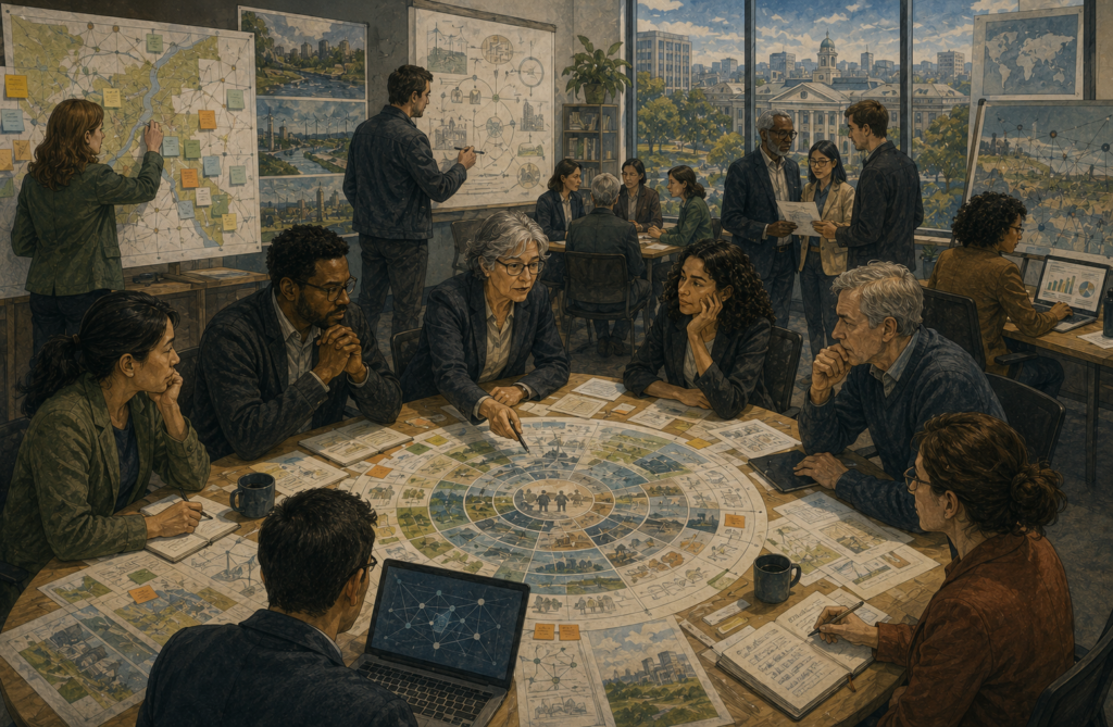 Public-sector researchers and civic planners build foresight capacity through scenario maps, governance diagrams, policy analysis, and long-term planning.