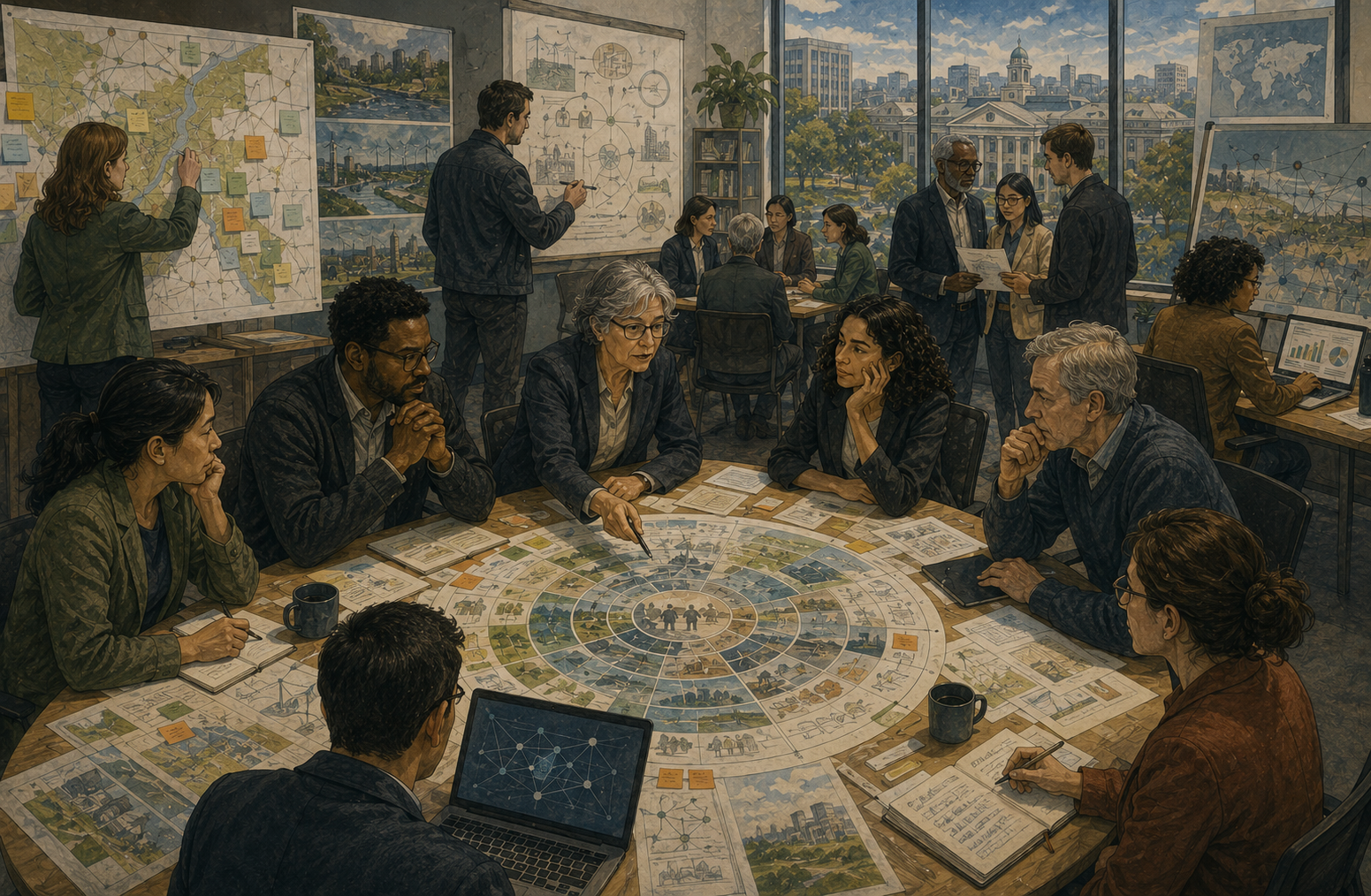 Public-sector researchers and civic planners build foresight capacity through scenario maps, governance diagrams, policy analysis, and long-term planning.