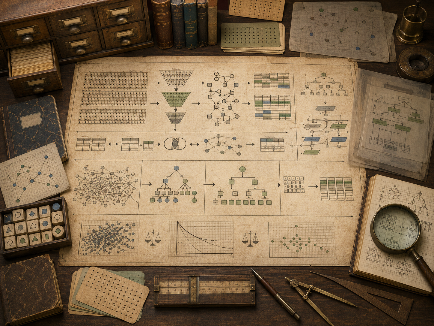 A restrained scholarly illustration of a vintage data design workspace with query pathways, relational tables, filtering diagrams, join structures, execution trees, cost curves, notebooks, punched cards, rulers, and archival tools representing query algorithms and database optimization.