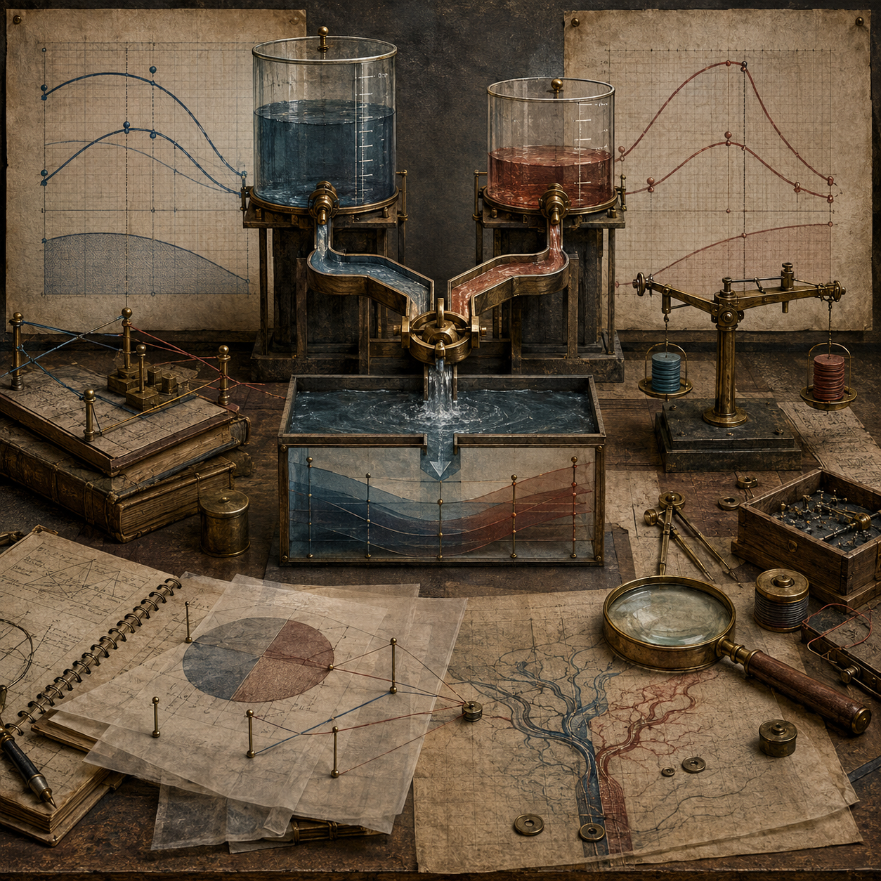 Vintage scholarly modeling studio with paired curves, layered surface diagrams, flowing channels, mechanical linkages, notebooks, transparent overlays, and drafting tools representing the quotient rule and relative change.
