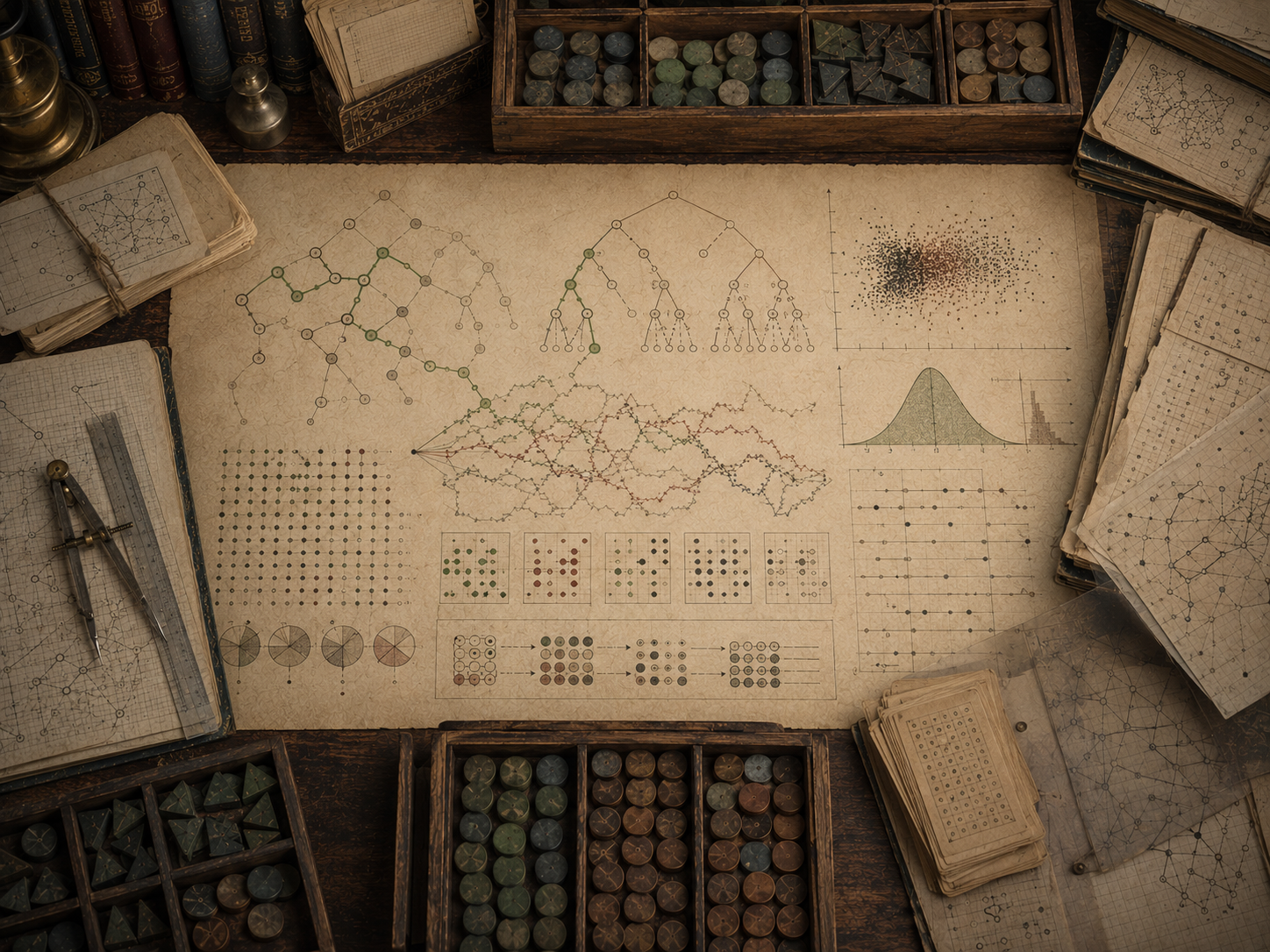A restrained scholarly illustration of a vintage mathematical workspace with probability distributions, random walks, branching paths, sampling grids, tokens, notebooks, and archival papers representing randomized algorithms and probabilistic procedures.