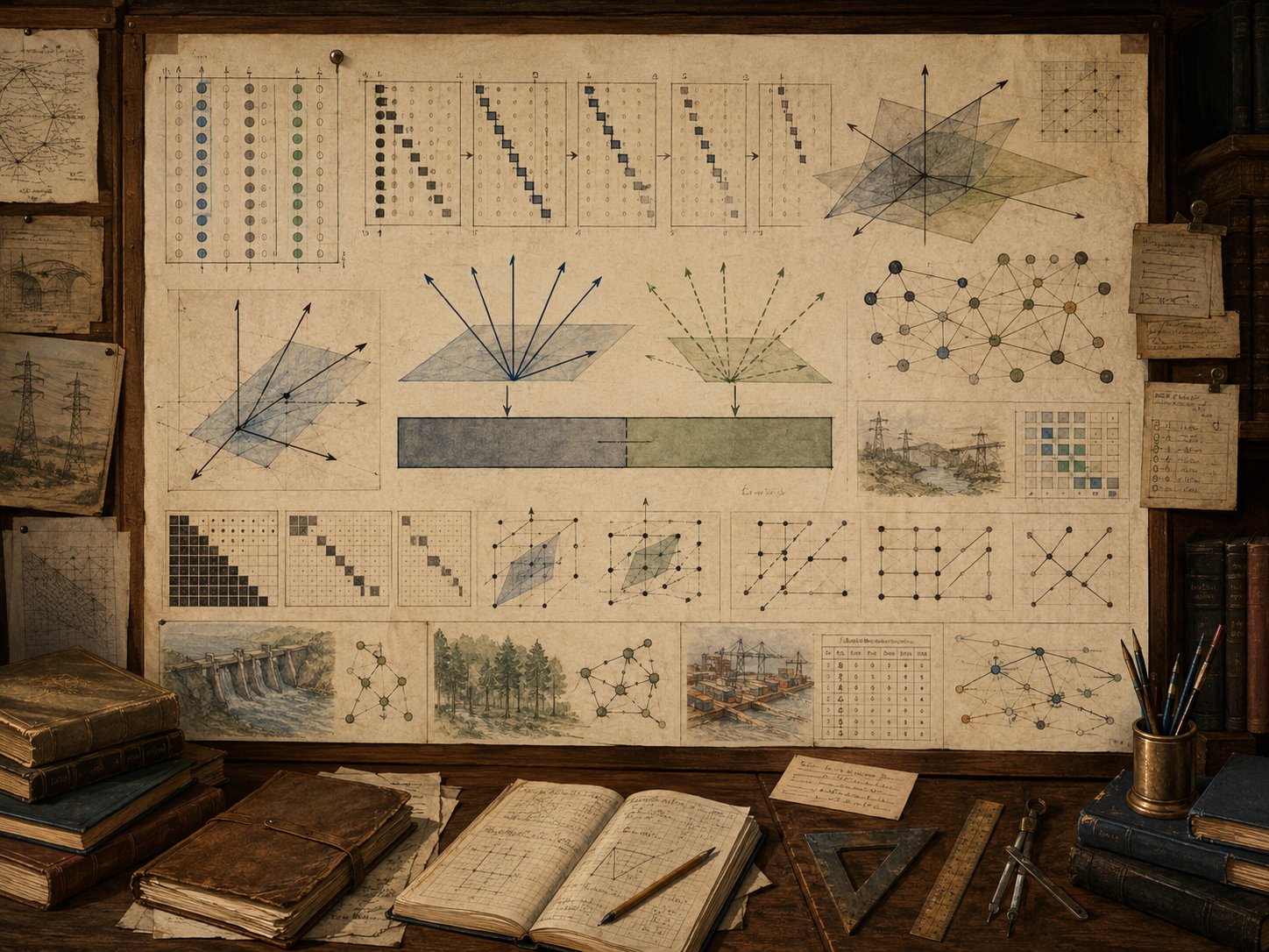 Vintage mathematical workspace with rank and nullity diagrams, pivot patterns, dependent columns, null-space directions, subspaces, networks, and systems-modeling sketches.