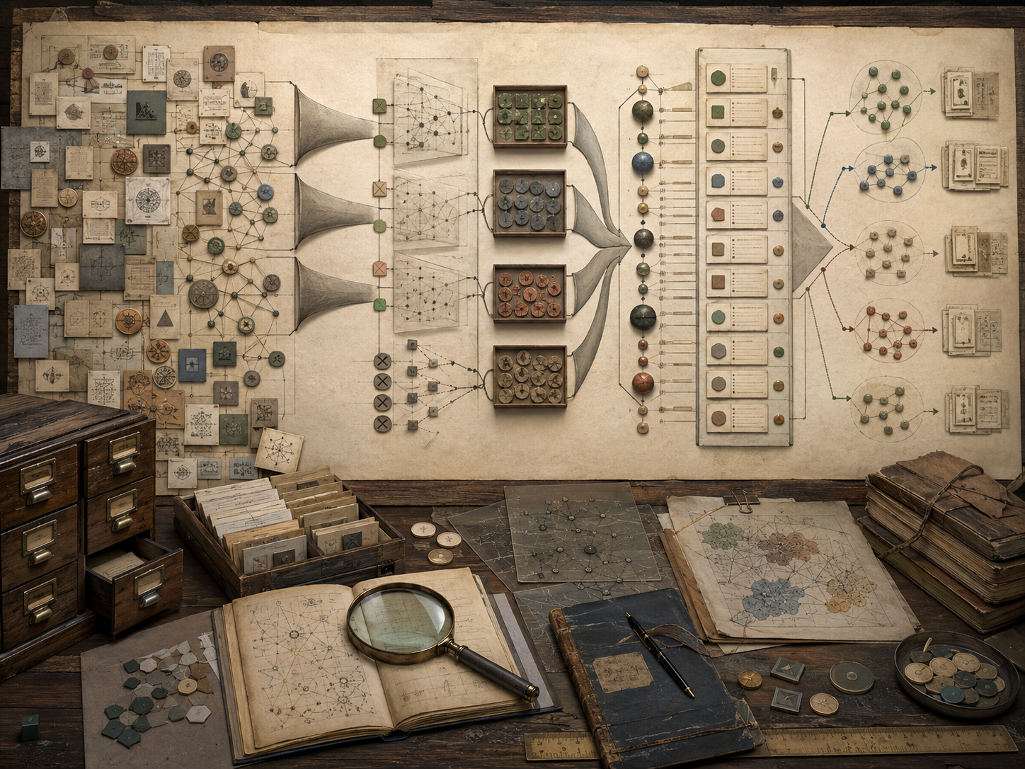Scholarly editorial illustration of ranking, filtering, and recommendation, showing ordered lists, relevance signals, candidate sets, filtering gates, recommendation paths, metadata cards, similarity networks, score sheets, audit records, and governance review materials.