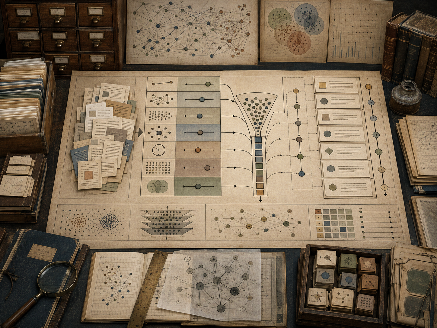 A restrained scholarly illustration of a vintage research workspace with document cards, filtering pathways, ranking columns, relevance signals, network diagrams, archival drawers, notebooks, rulers, and analytical tools representing ranking signals and relevance models.