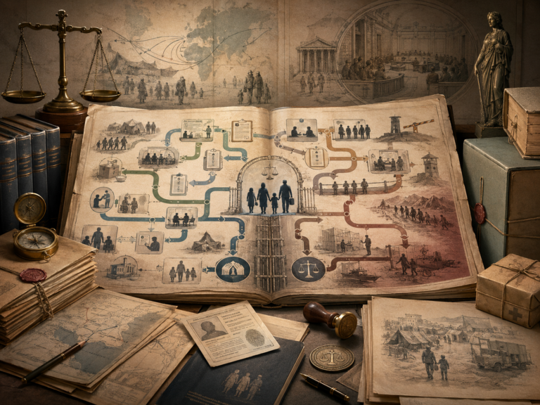 Scholarly illustration of a refugee law and asylum dossier with migration pathways, border procedures, protection routes, legal files, scales, maps, identity records, humanitarian materials, and institutional review imagery.