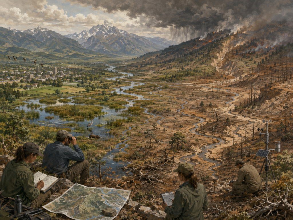 Panoramic ecological systems illustration of a watershed shifting from healthy wetlands and farms into drought, wildfire damage, erosion, degraded streams, and monitored warning conditions.