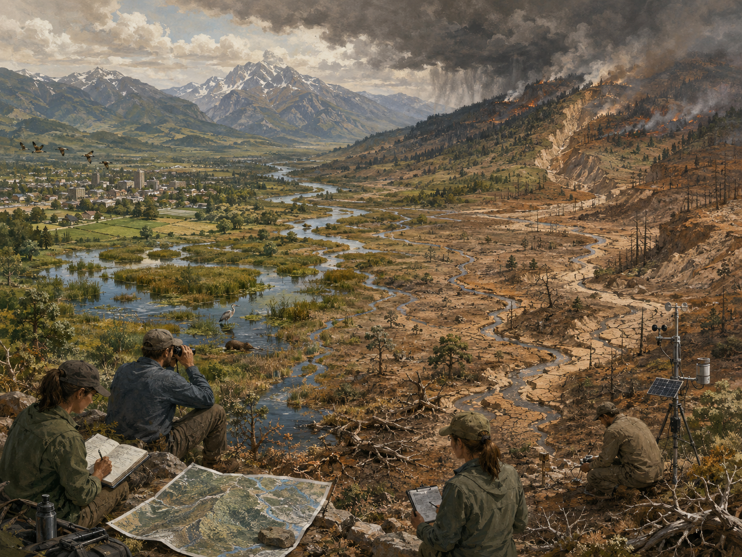Panoramic ecological systems illustration of a watershed shifting from healthy wetlands and farms into drought, wildfire damage, erosion, degraded streams, and monitored warning conditions.
