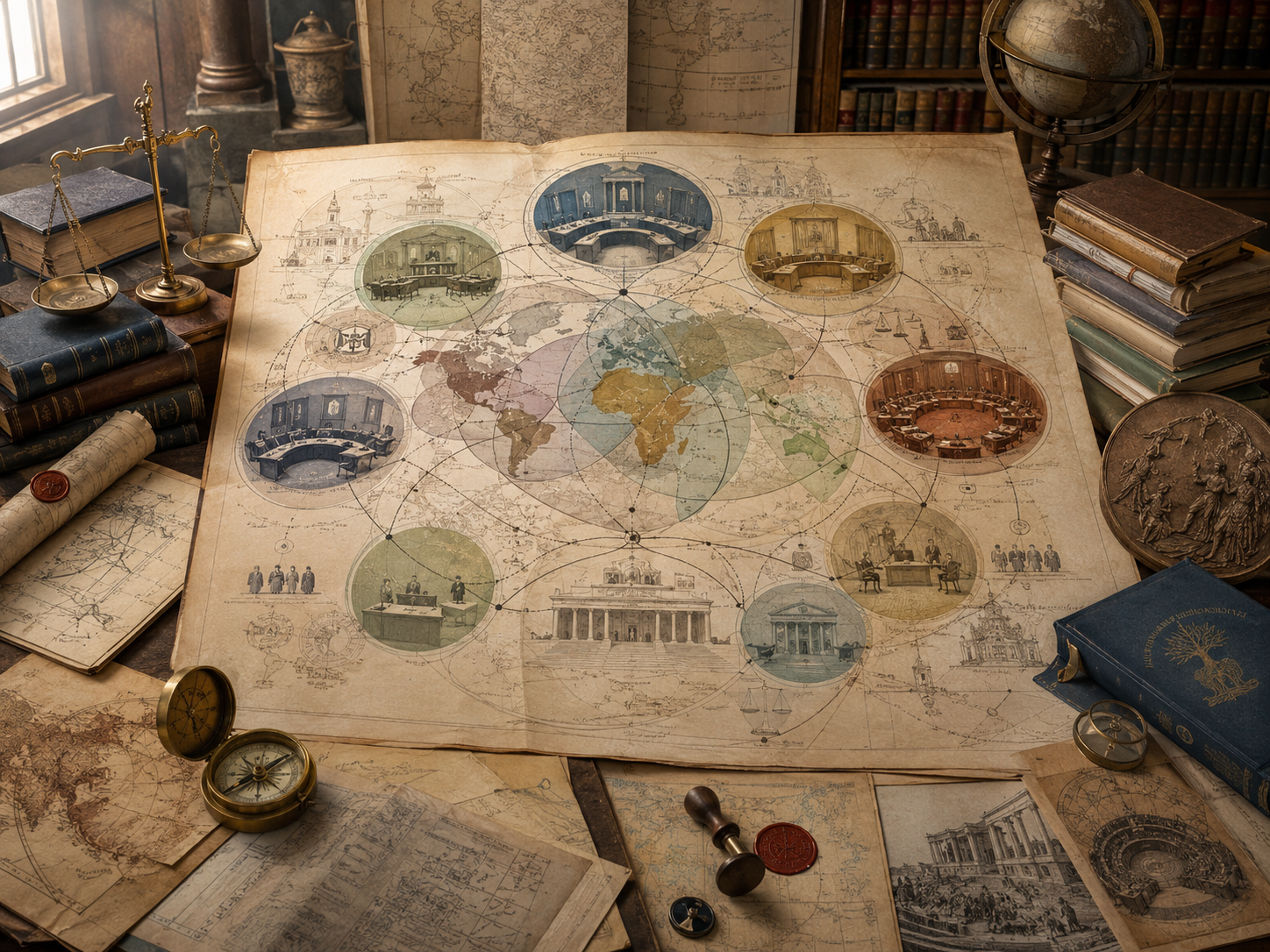 Scholarly illustration of a parchment legal map with overlapping regional jurisdictions, court chambers, council tables, treaty files, scales, maps, seals, and archival materials representing pluralism in international law.