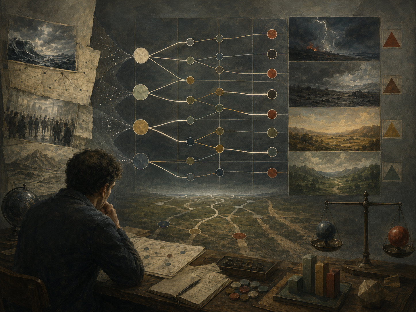Painterly editorial illustration of regret analysis and minimax decision rules with a reflective analyst, branching outcomes, loss scenarios, decision matrices, tradeoff scales, and conservative choice pathways.