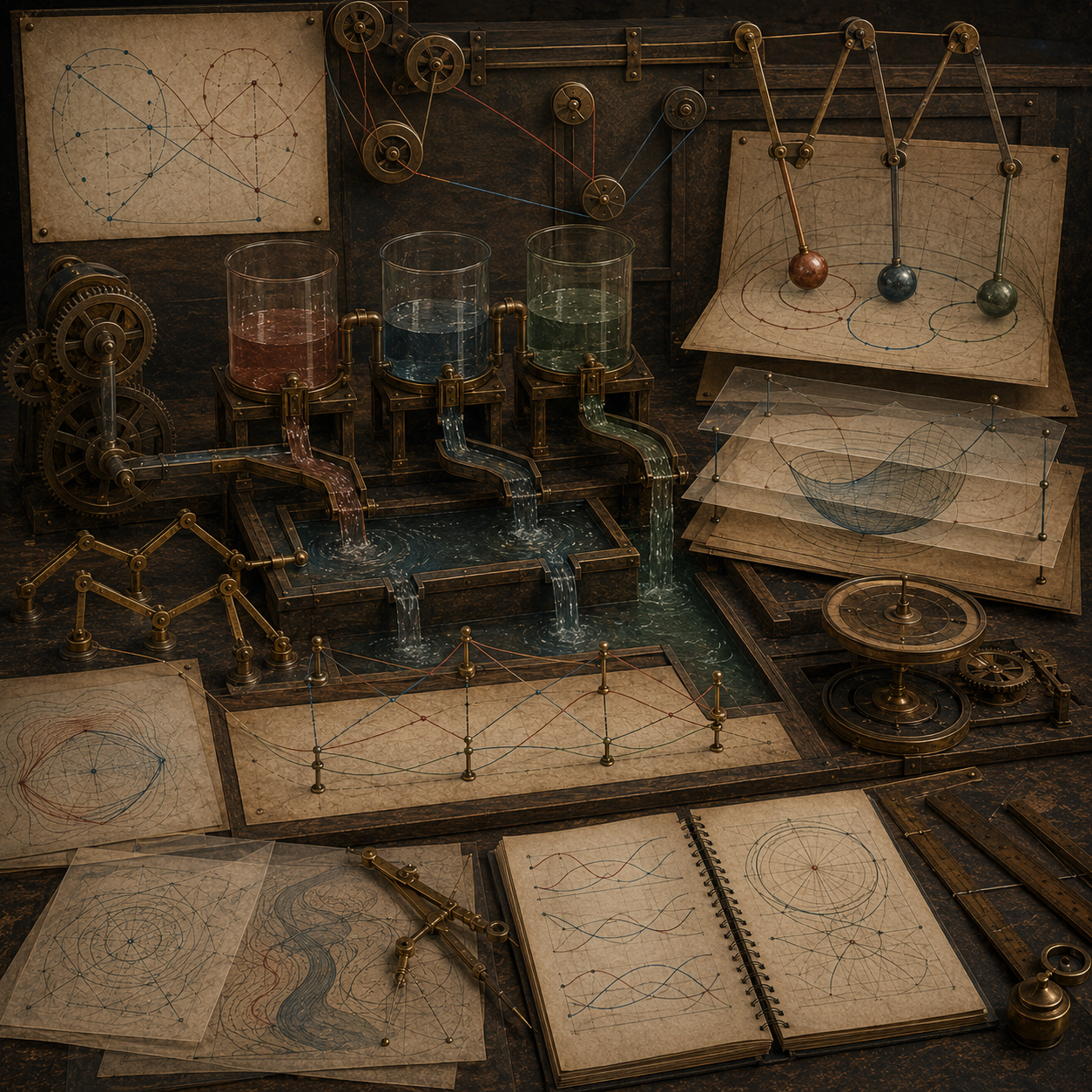 Vintage systems modeling workshop with linked reservoirs, flowing channels, pulleys, pendulum mechanisms, gears, layered diagrams, notebooks, and drafting tools representing related rates and interdependent motion.
