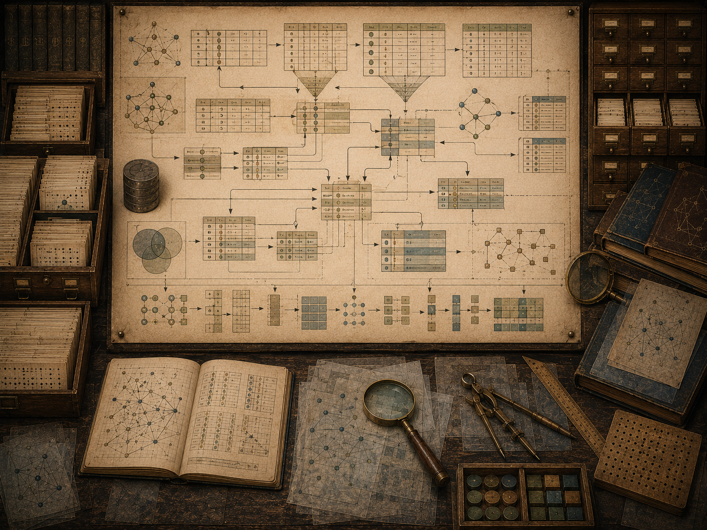 A restrained scholarly illustration of an antique data science workbench with relational tables, linked records, query pathways, joins, filters, network diagrams, archival drawers, notebooks, and drafting tools representing relational thinking and query logic.