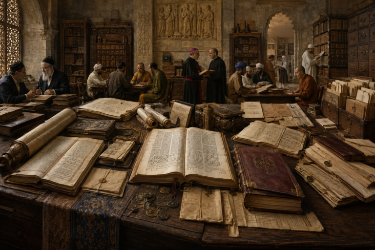 Editorial illustration of religious legal traditions shown through manuscripts, legal commentaries, communal registers, religious court records, institutional archives, scholars, clergy, jurists, monks, and comparative legal materials.