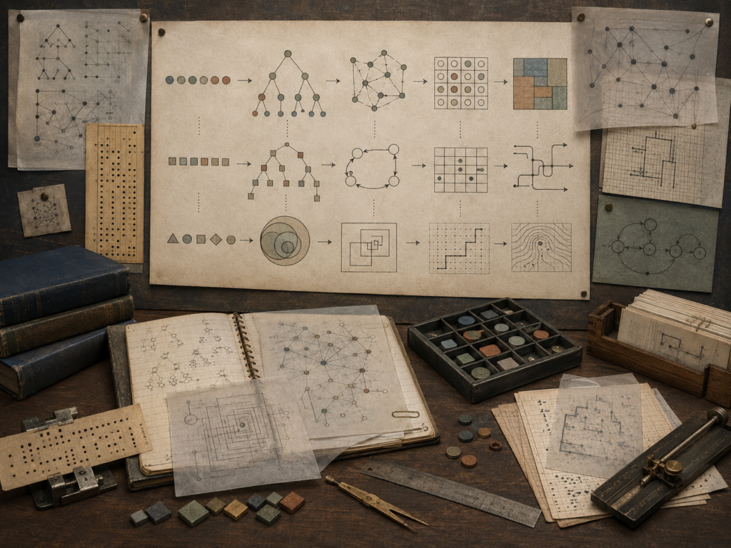 A restrained scholarly illustration of an archival research desk showing symbols transformed into trees, graphs, grids, circuits, maps, and geometric structures, representing how different forms of representation shape computation.