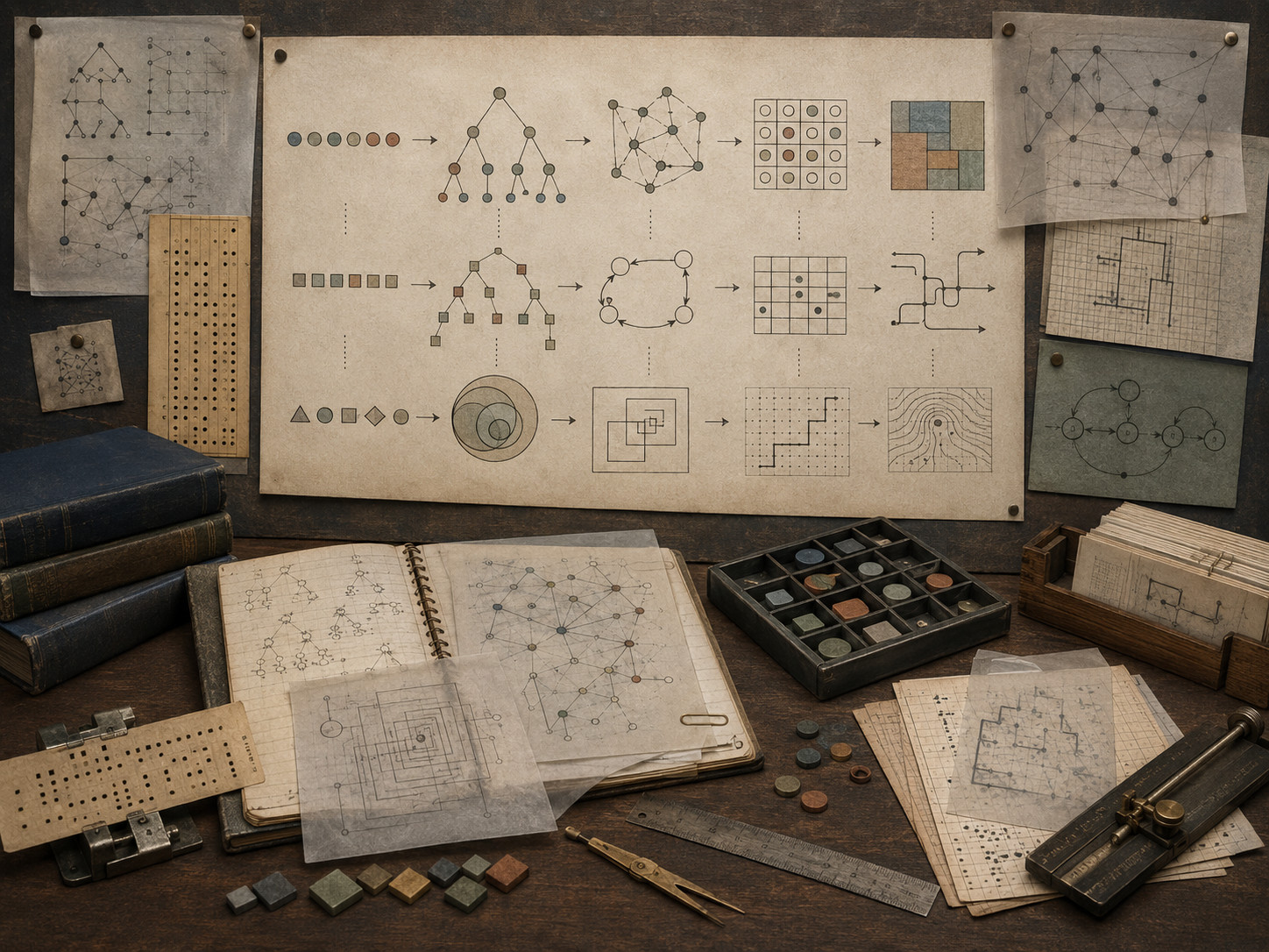 A restrained scholarly illustration of an archival research desk showing symbols transformed into trees, graphs, grids, circuits, maps, and geometric structures, representing how different forms of representation shape computation.
