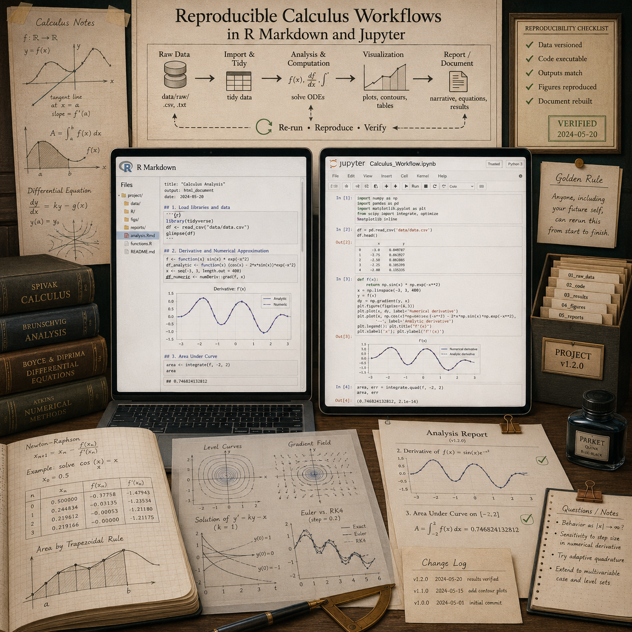 Scholarly computational workspace with R Markdown and Jupyter notebooks, calculus diagrams, code outputs, reports, versioned folders, checklists, notebooks, books, and drafting tools representing reproducible calculus workflows.