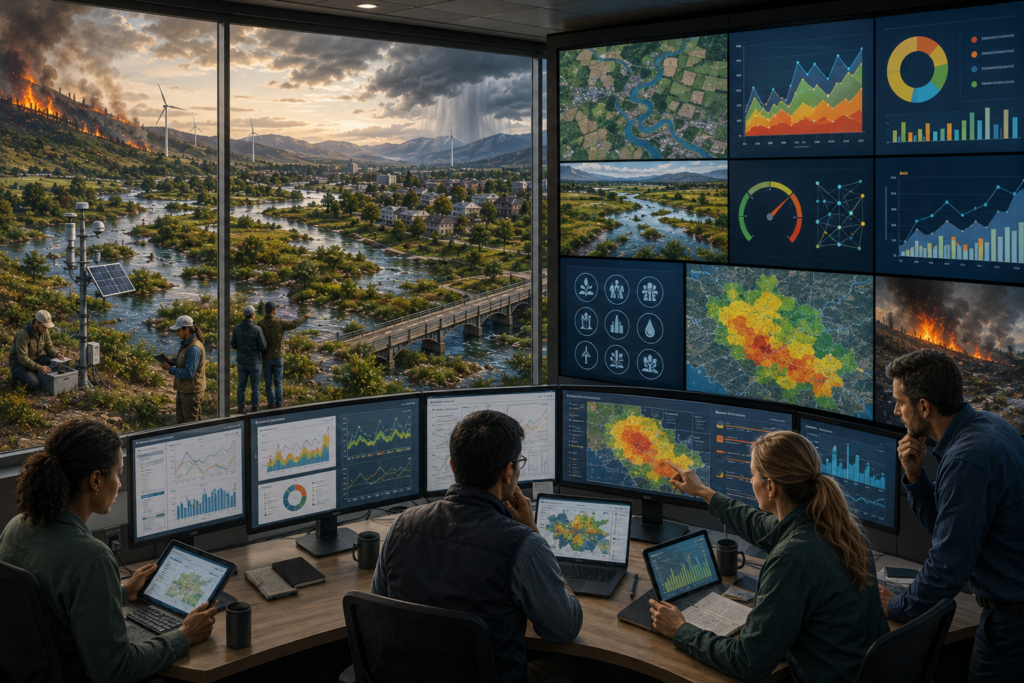 Editorial illustration of a resilience monitoring room overlooking a river valley with wildfire, storm risk, wetlands, bridges, field sensors, and analysts reviewing risk indicators.