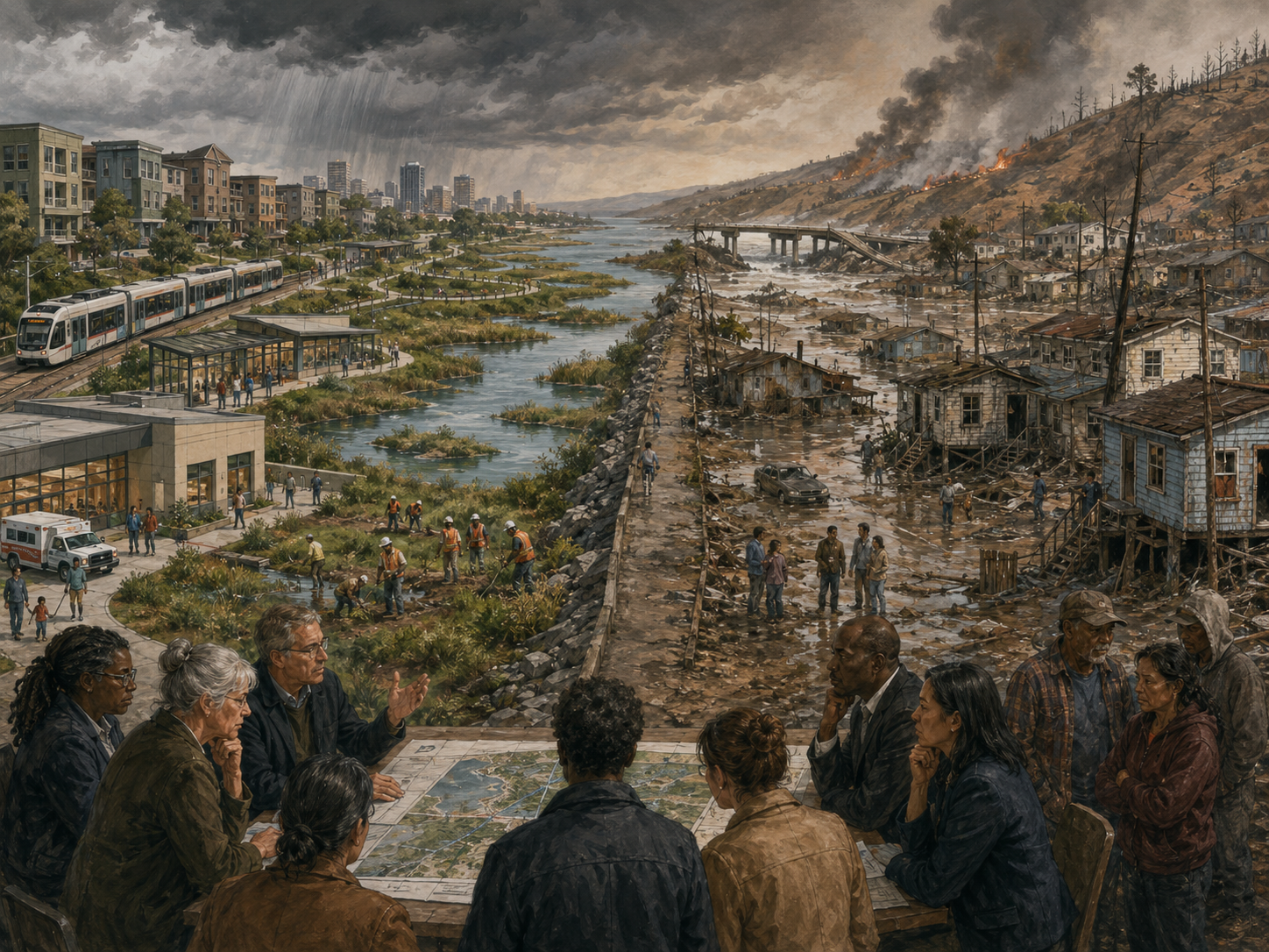 Panoramic illustration of divided communities facing flood, wildfire, damaged housing, uneven infrastructure protection, public planning, and contested resilience decisions.