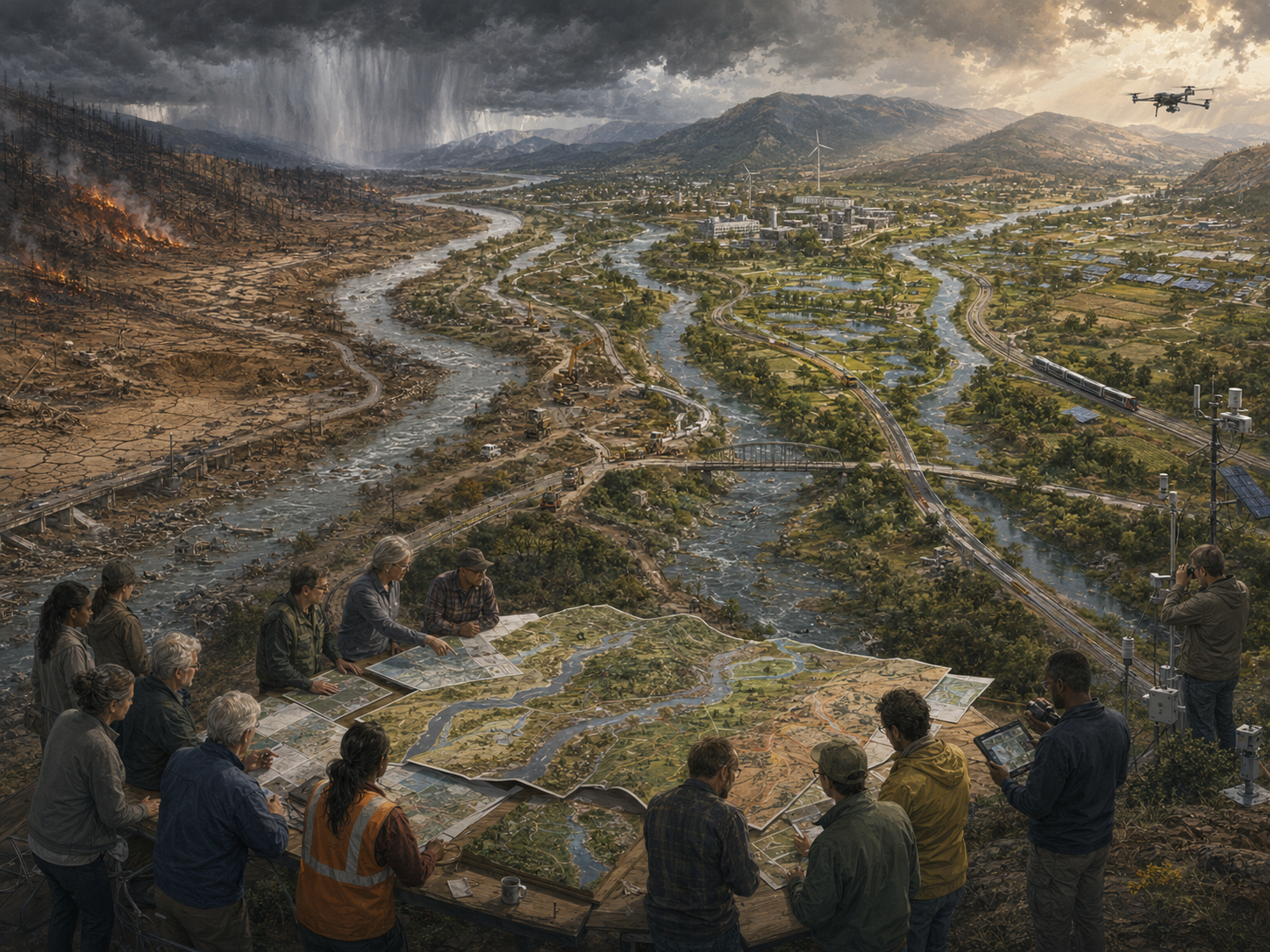 Panoramic illustration of planners using scenario maps to compare possible futures for a river valley facing wildfire, flooding, storm pressure, infrastructure risk, and ecological recovery.