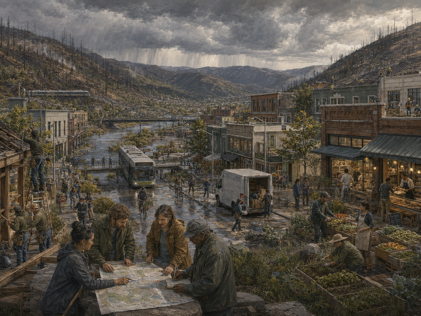Panoramic illustration of a small town economy recovering after disruption, with local shops, repair crews, transit, community gardens, deliveries, planners, storm clouds, and burned hillsides.