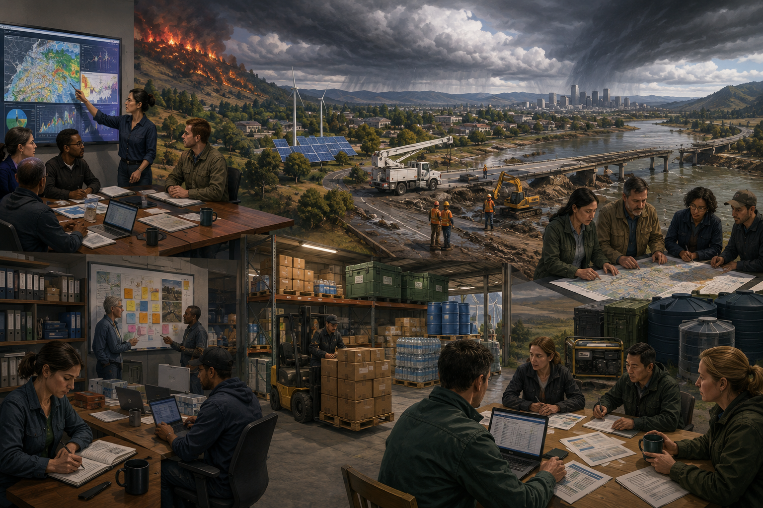 Multi-panel illustration of organizations preparing for disruption through emergency planning, backup supplies, infrastructure repair, reserves, coordination rooms, and field response.