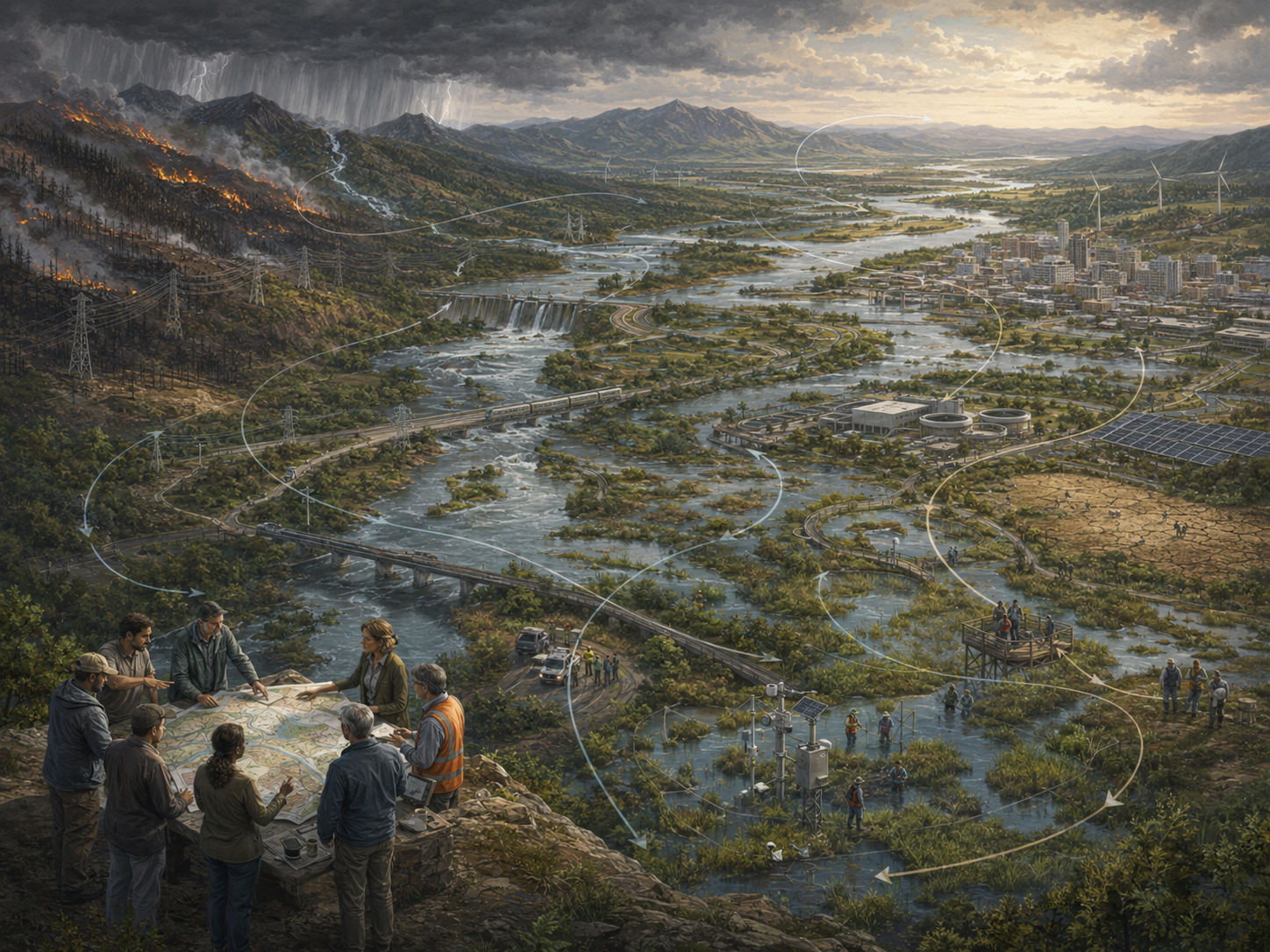Editorial illustration of a flood-prone river basin with wildfire, storm risk, infrastructure, wetlands, city systems, and planners coordinating risk governance.